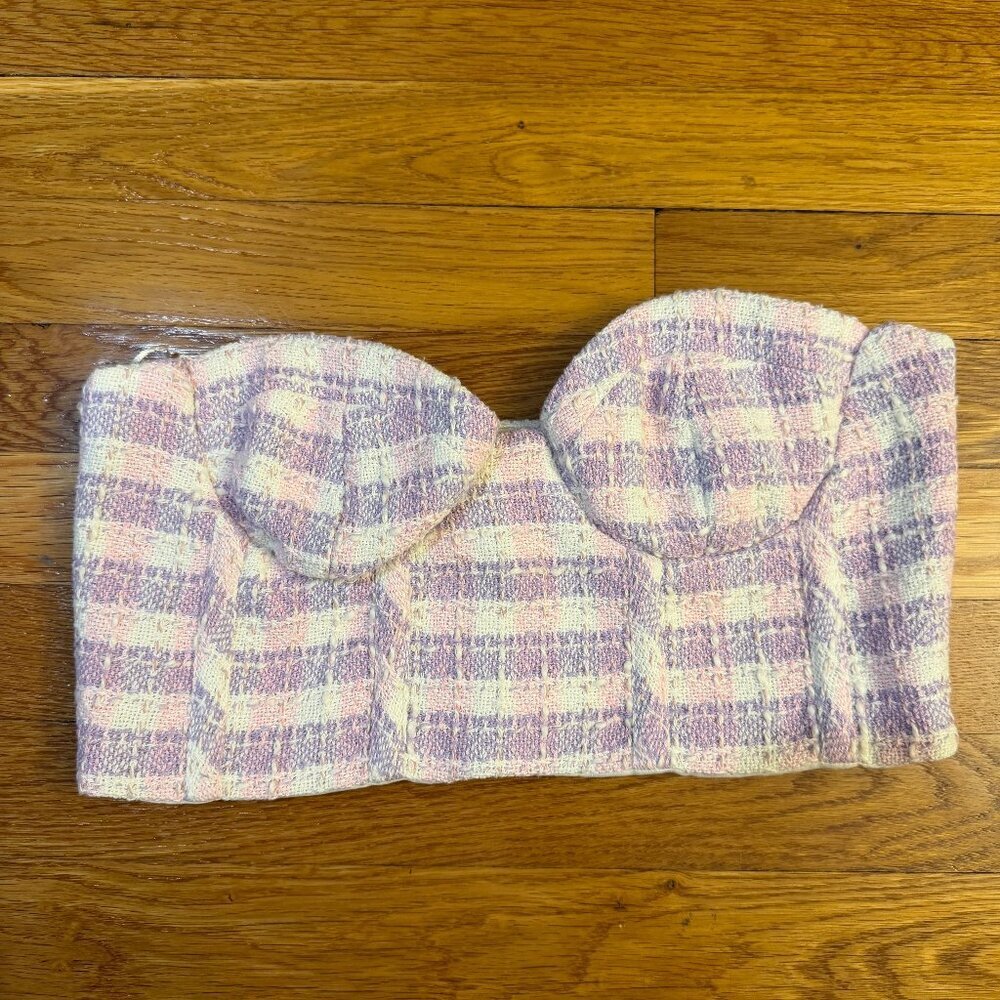 Zara Corset Textured Tweed Top in Pink/Purple/White Plaid - Size Medium